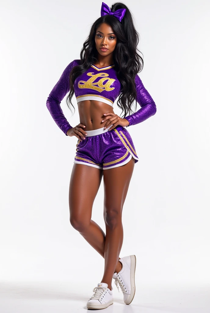 Black female wrestler with long curly hair, in purple black and silver bra-top and purple black and silver high waist trunks, studded wristbands, photo realistic, intricate details