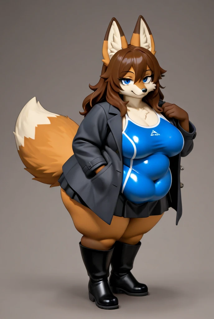Skye from Paw Patrol, fluffy orange hair, anthro, mature adult, dual clever on back, white shirt with black tie, black skirt with pantyhose, shoes, blindfold, big breasts, big butt, muscular, mommy, slim, giantess, standing, solo, beautiful, high quality, full body, front view, clear background, precise, 3d, 3d render, accurate anatomy, she's covered in blood, 4K