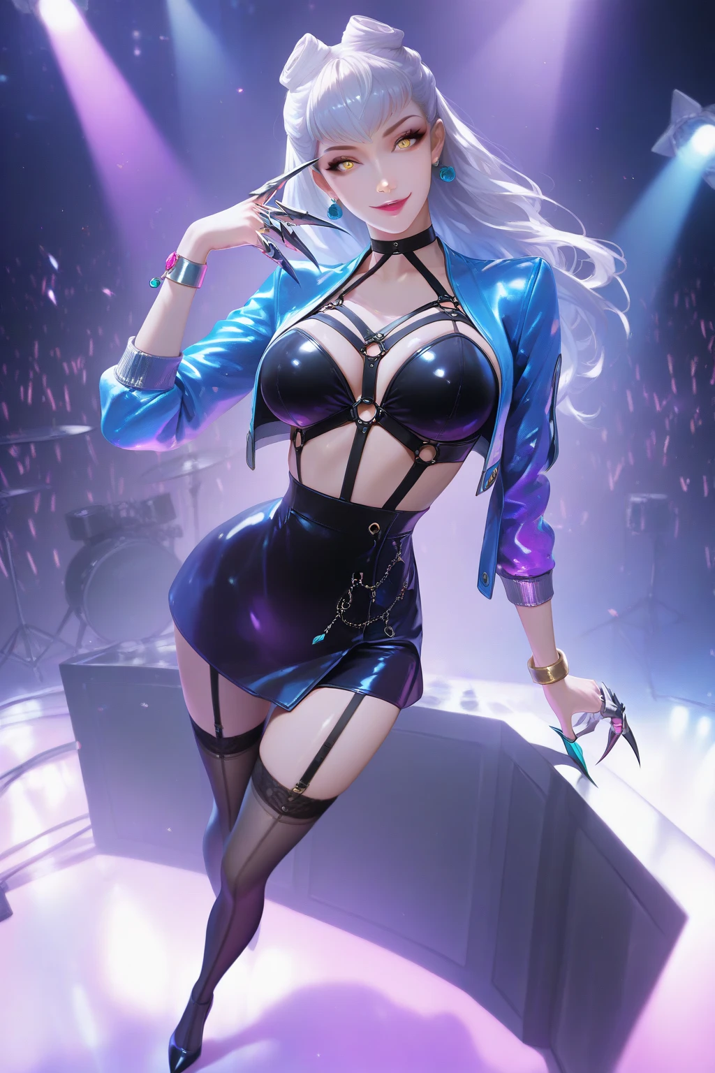 ((best quality)), ((masterpiece)), ((realistic)), (detailed), highly detailed skin, 1girl, K/DA all out Evelynn,All out alternate outfit,kpop,popstar navel, midrift, stunning gradient colors, no watermark signature, detailed background, insanely detailed, , ((masterpiece)), HDR, spreading legs,slutty expression,bitch,pornstar, league of legends,topless,big breasts,moaning,lewd,legs spread wide, spreading legs wide,purple colour outfit,bikini,bra and panty,summer,camel toe