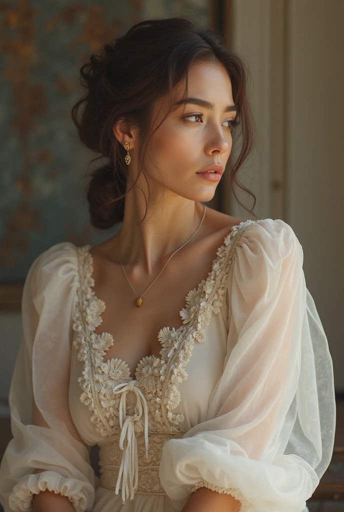 a beautiful indonesian woman, curvacious, huge breasted, hair tied bun with gold accesories and some jasmine flowers tail, bright and glamour makeup, wear longsleeve intricate lace details white traditional indonesian bride kebaya, with long intricate details batik skirt, sensual expression, indoor glamour wedding decoration seat with balinese theme details. look at the viewer, natural light, realistic photography, wide angle full body shot , detailed facial features, photorealistic, high quality, 8k, masterpiece
