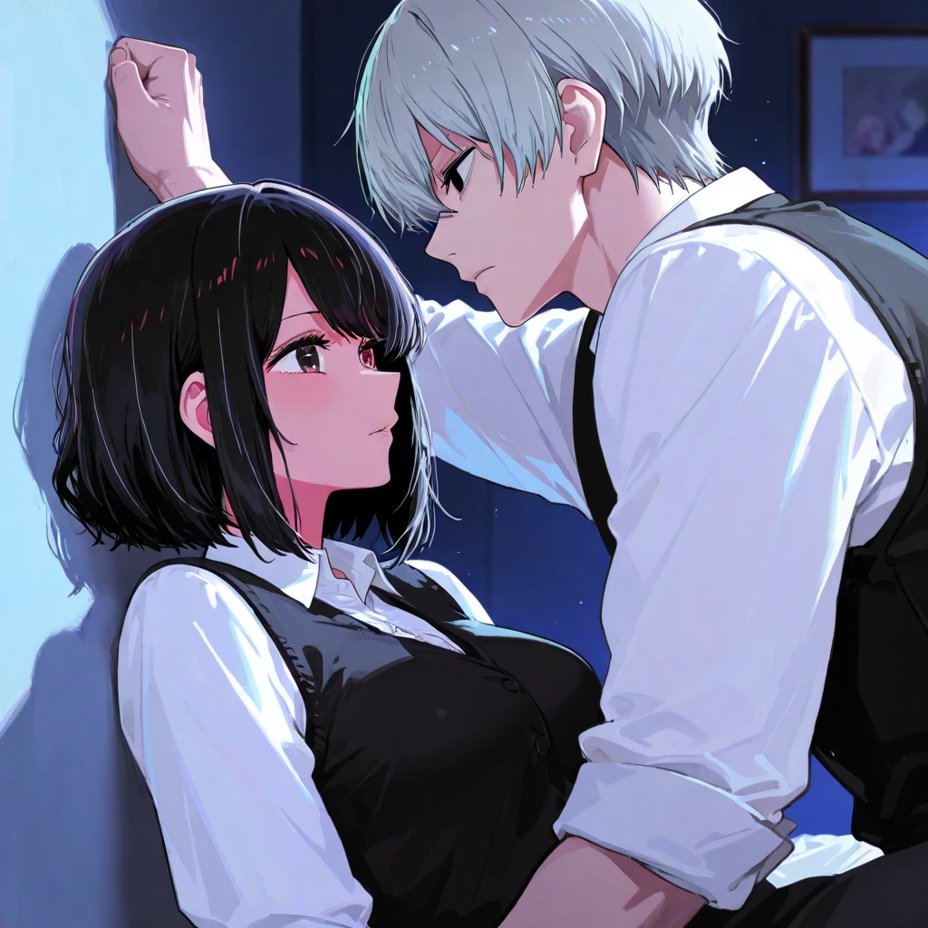 Girl with short white hair small and really skinny, slow dancing with a man , manga page with panels and dialogue