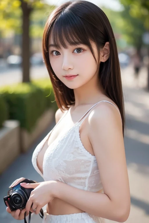(Highest quality,masterpiece:1.3,Ultra-high resolution),(Very detailed、Caustics) (Realistic:1.4, RAW shooting、)Ultra-Realistic Capture、Very detailed、Natural skin texture、masterpiece、(Japanese woman in a lace dress:1.3), Adorable expression、Expressions of happiness、14 years old、height: 160cm、Young Face、Amazingly cute、Twin tails、Straight hair、Scrunchie、Black Hair、Heavy makeup、necklace、H-cup busty、Shining thighs、Skin Arm、Background details、smile、An inviting gaze、Anatomically correct、Cowboy Shot、Attention to detail、Photographed on the main street of a summer resort、Sexy pose、