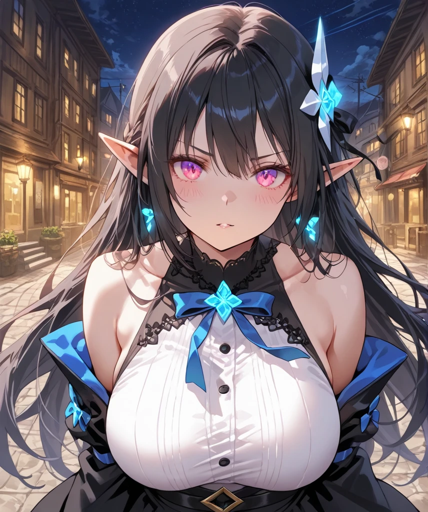 Anime Kawaii sexy Perfect Slim sensual body large breast and huge thighs, An intricate and highly detailed illustration of anime (Young girl)  [Core Concept] A striking, otherworldly portrait of a young individual with a unique and captivating appearance.

[Character Description] A young person with long, dark blue hair, rabbit-like ears, and vibrant pink eyes. Their makeup features bold black lipstick and eyeshadow, creating a striking and pretentious expression.

[Environment/Background] The subject is depicted against a detailed, high-quality artistic backdrop, showcasing their intriguing visage in a visually compelling manner.

[Style and Atmosphere] The overall style and atmosphere of the image convey a sense of otherworldliness, with a strong focus on the subject's distinct features and a high level of artistic execution.

[Composition] The composition of the image is carefully crafted, drawing the viewer's attention to the subject's captivating features and enhancing the overall visual impact.

[Details and Embellishments] The image is characterized by exceptional attention to detail, with a high level of definition and quality that brings the subject's unique appearance to life in vivid and striking detail.

[Technical Specifications] The image is rendered in 4K resolution, ensuring a level of visual fidelity and clarity that heightens the overall impact and immersive quality of the artwork.