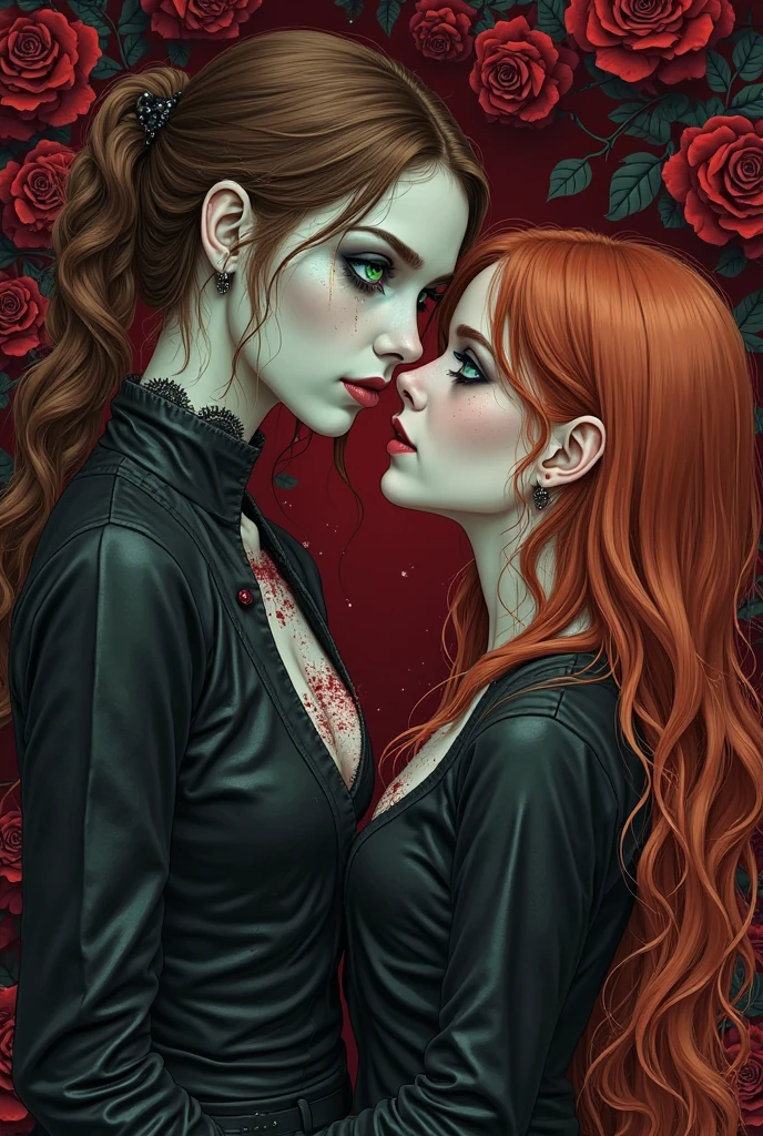 Drawing of a green haired woman smiling evilly and hugging a crying black haired woman with a bloody background