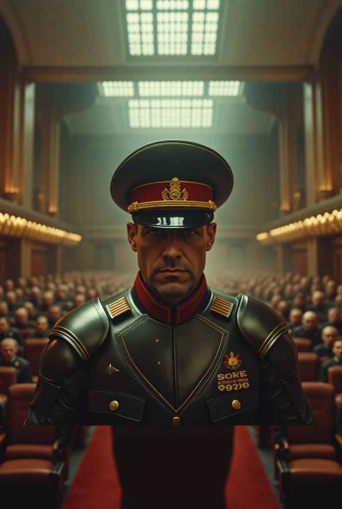 Create a 34-year-old Nazi officer in uniform and cap with a mechanical gauntlet on his hand and a cruel expression, standing with robot soldiers.