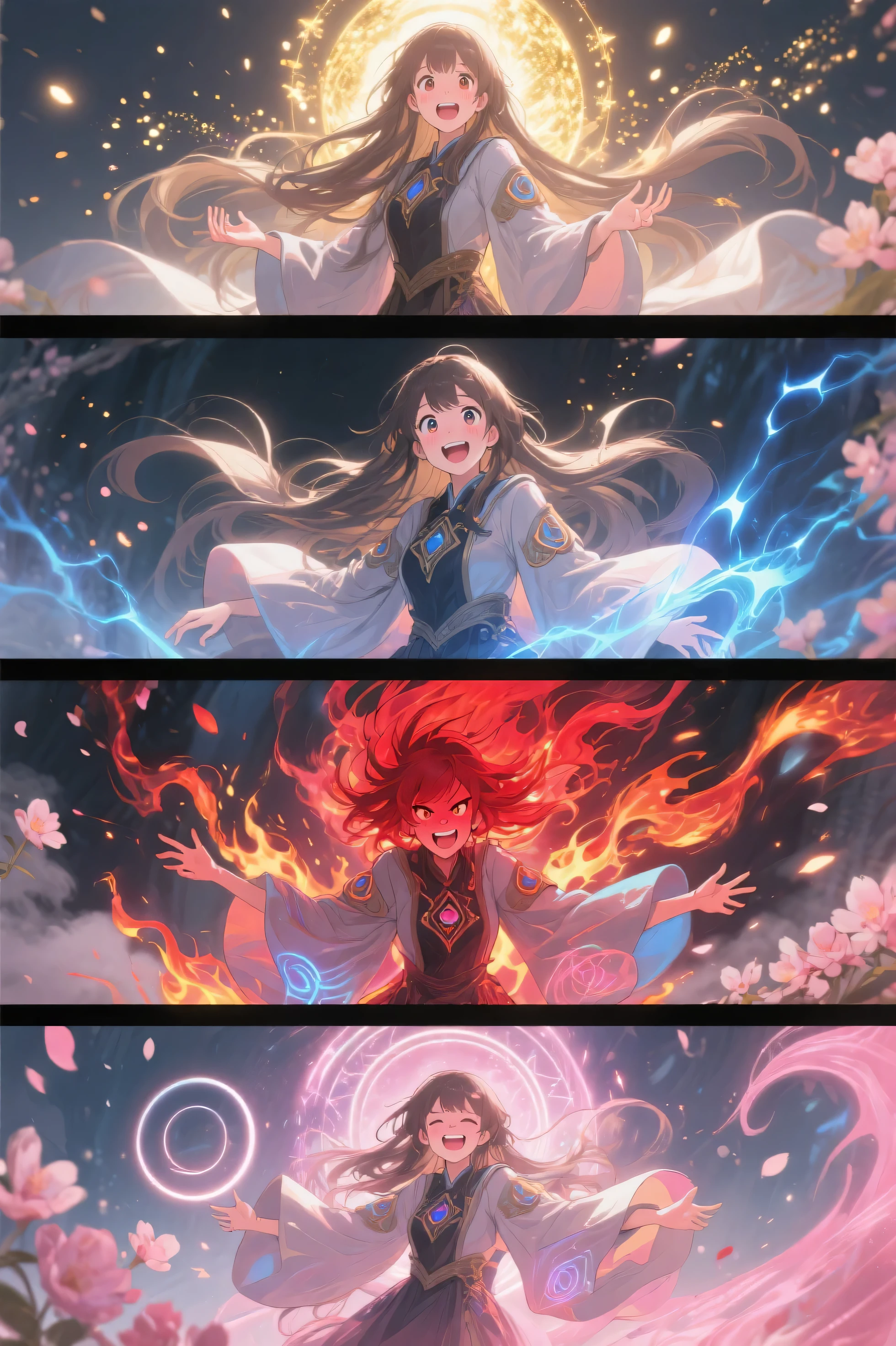 anime-style digital painting, a wide image split into six equal panels arranged in two rows of three, each showing the same magical girl expressing different emotions through her face, body, and magical aura

top row:
1. calm — gentle smile, background in vivid light green with floating soft sparkles  
2. surprised — wide eyes, background in electric blue with crackling lightning  
3. joyful — laughing brightly, background in bright yellow-gold with radiant magical energy

bottom row:
4. anxious — tense posture, background in saturated indigo with glitch-like flickers  
5. furious — screaming face, background in intense red with explosive fire and sharp shadows  
6. overwhelmed with love — blushing softly, background in vivid pink with glowing hearts and swirling petals

the girl has long black messy hair, wearing a fantasy-style robe with glowing runes that change color with emotion, each panel has magical visual effects matching the mood, full cinematic lighting, 3x2 layout with clear panel separation, anime illustration, vibrant and dramatic, trending on ArtStation, high detail,