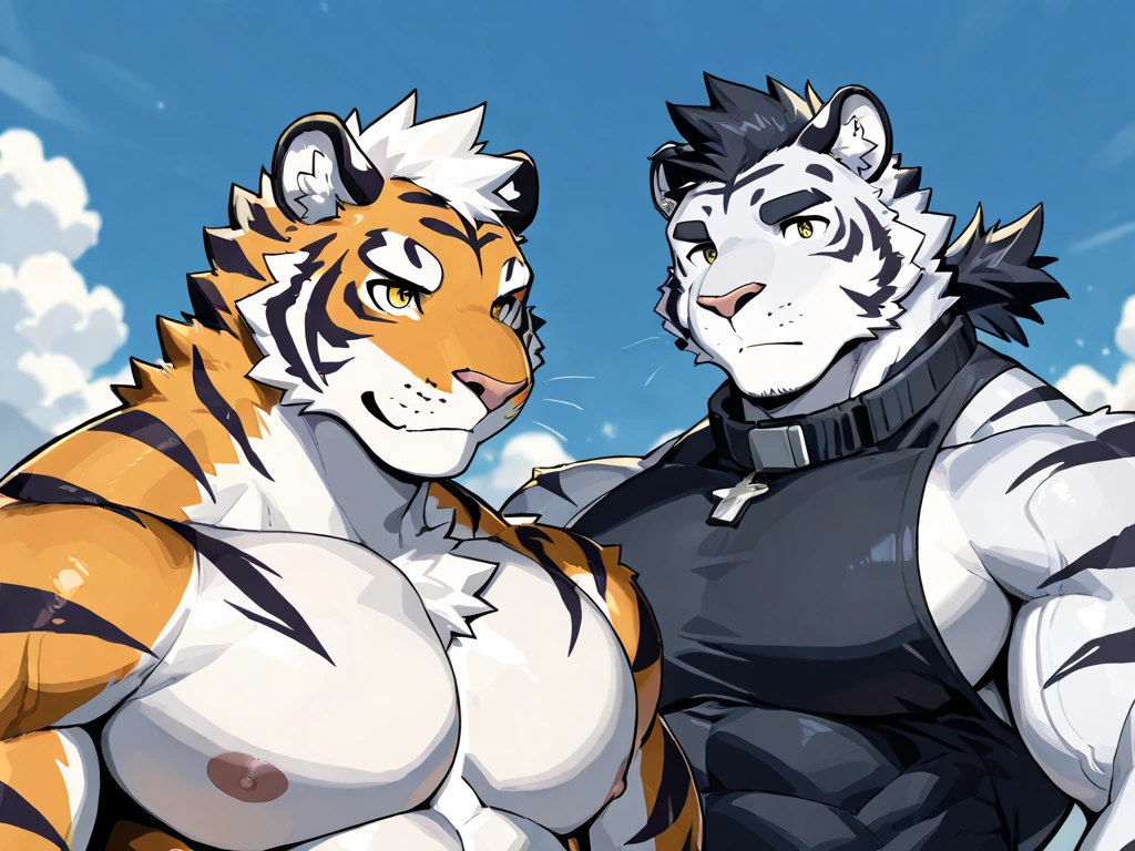 there is a cartoon of a tiger and a dog wrestling, furry chest, muscular wolf hug muscular tiger back