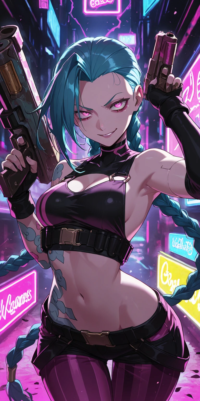 cyberpunk woman in bikini armor, in neon city at night, intricate details, angry beauty goddess, sensual, appealing, ornate, cyberpunk anime show, low angle, untextured, Sharp, colors are muted colors, Maximalism, glowing lighting, Studio quality, light teal skin color, teal hair color, pigtails, xl poofy black jacket, large breasts, very big , large booty, huge ass, thin waist, defined abs, arched back, flawless hands, four fingers one thumb, high top sneakers, one pistol in each hand, long legs, sexy legs, two legs, two arms, breasts crammed into bra, bra too small, panties riding up ass,