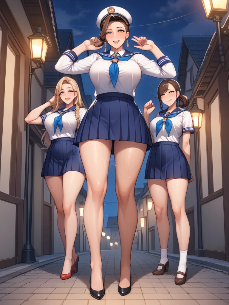 multiple girls, 3girls, standing, giantess art, highly detailed giantess shots, giantess, most detailed, perfect face, Two legs, Five fingers, short hair, A high school girl who is bigger than a skyscraper, Wearing rimless glasses, smile, huge breasts, Navy blazer, Red tie, mini skirt, black pantyhose, no shoes on, toes visible through pantyhose, Steam coming out from the soles of my feet, seaside metropolis, numerous miniature warships on the sea, Destroying cities, Under heavy attack, A very small big city, Miniature metropolis, Full body description, GTS, giga giantess, stomping city, crash city, tiny city, micro city, pantyhose feet, High resolution, highest quality, masterpiece,