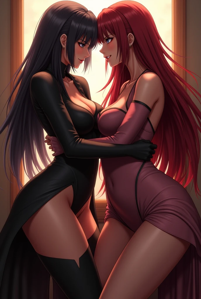 Two girls, big breasts, slim waist, большая зfromница, demons, red and black hair, Revealing clothing, from, fire, lava, lustful look,