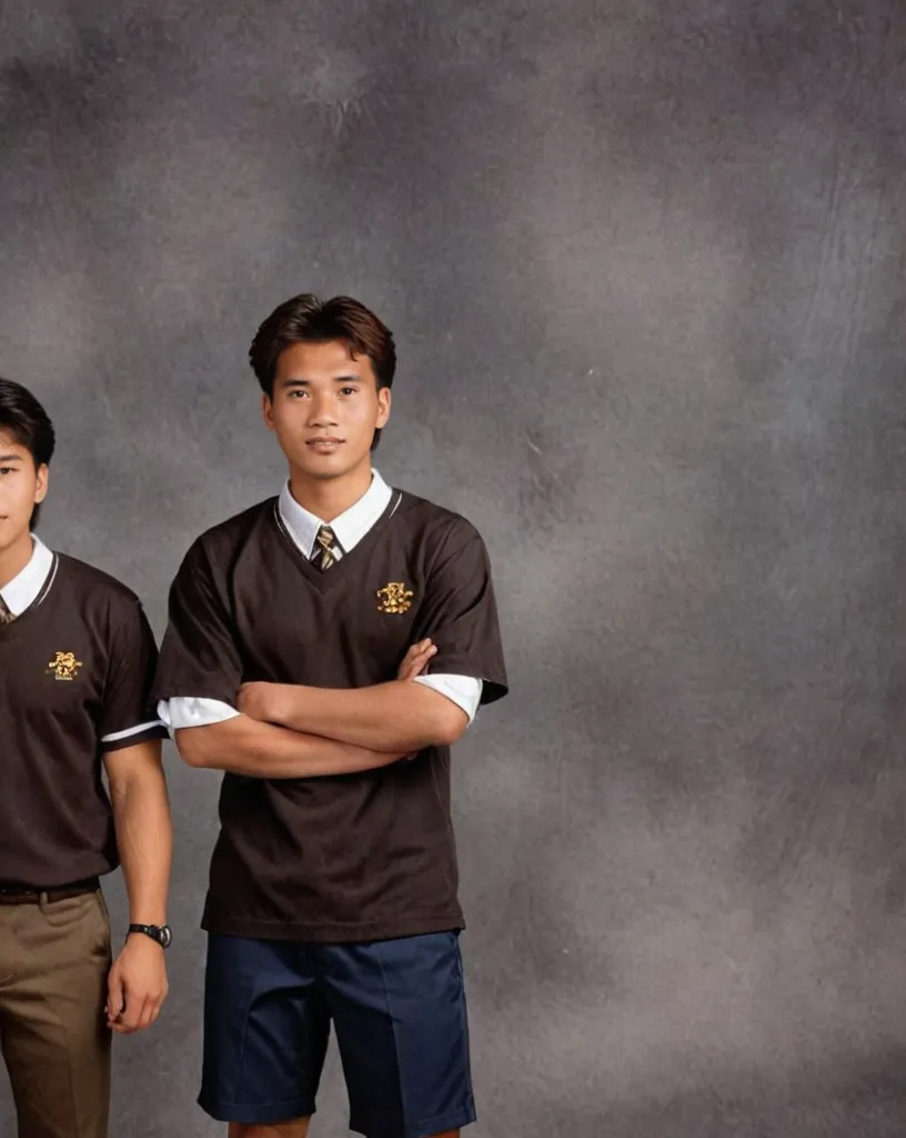 Photo of two men wearing school uniforms facing forward.

