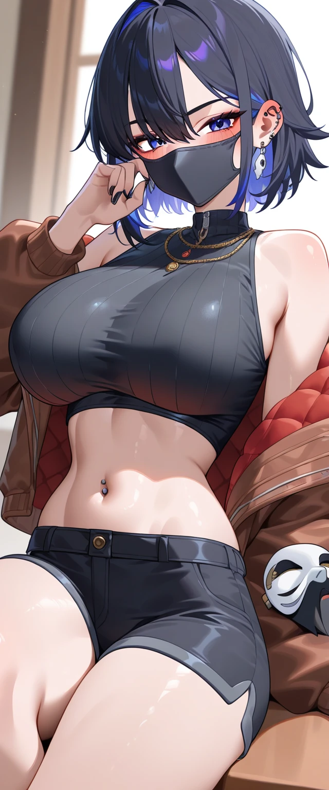 20 years old,1 mature woman,hyperrealistic, 8k, (extremely detailed 8k), (very delicate and beautiful), (masterpiece), (better quality:1.0), (ultra high resolution:1.0), (masterpiece, best quality),cute,black hair,ponytail,cowboy shot,white background,realistic skin,Denim Shorts,seductive pose,big breasts,smile,Parka
