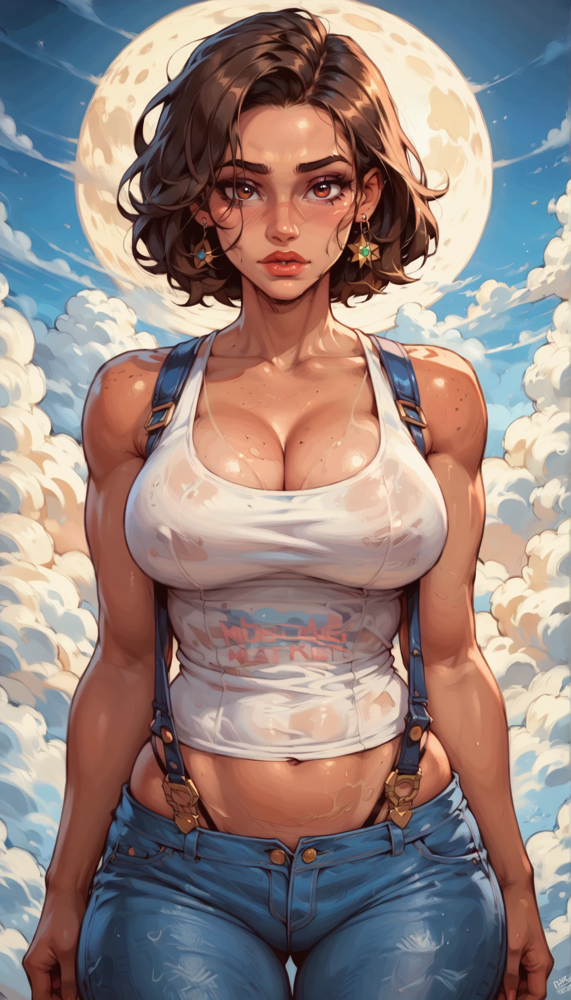 (high quality, best rendering), (beautiful girl), black hair,(bombshell, pin-up style), ((((huge muscles)))), crazy face, sexy pose, jean short shorts, tank top, ((huge breasts)), pastel, centered, scale to fit dimensions, micro thong, micro bikini, camel toe