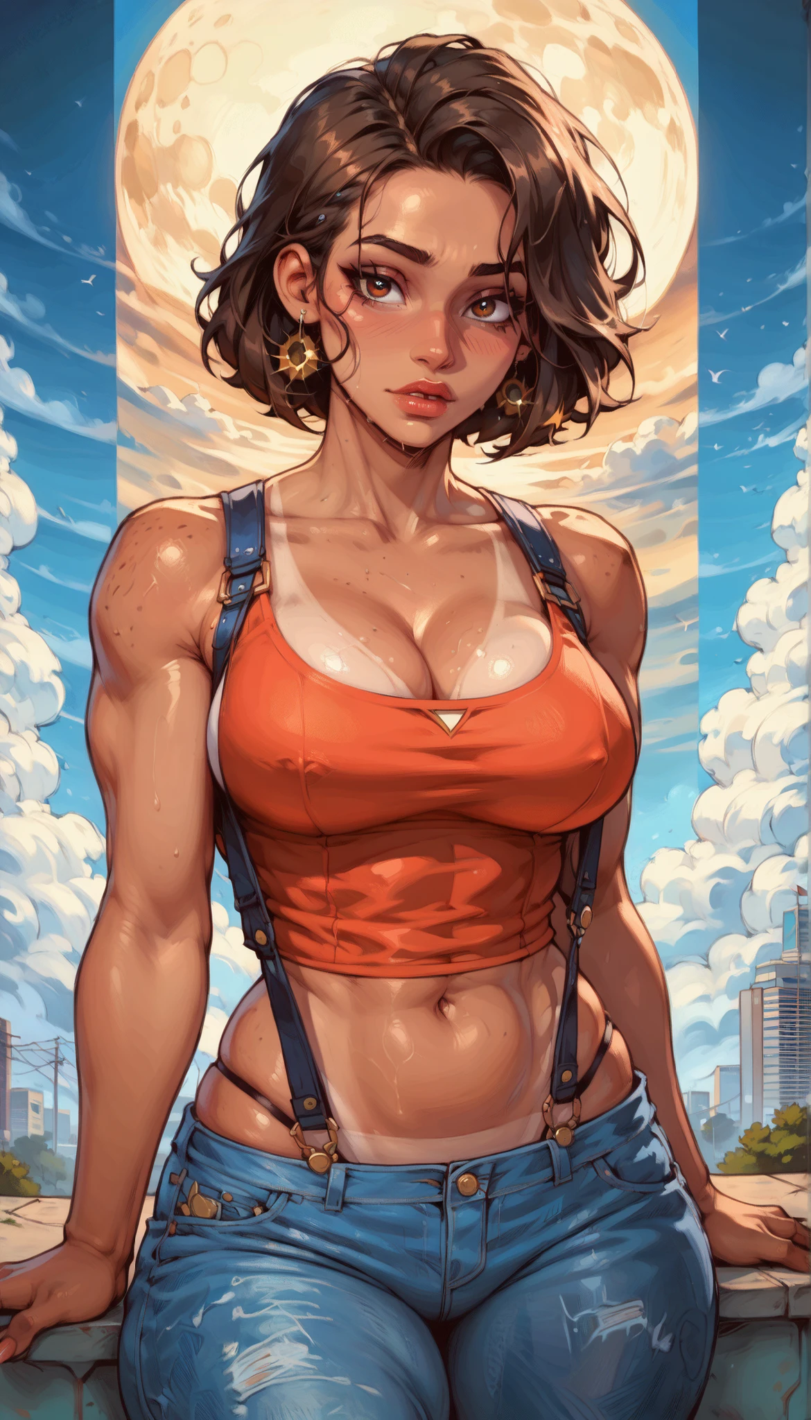 photo of mlp Meowko, RAW, beautiful woman, ((portrait)), ((detailed face:1.2)), ((anime face, anime facial feature, beautiful anime mouth, clear skin, clear skin), (short messy lesbian haircut, one shaved side, brunette: 1.55),  (perfect proportioned body, Strong, muscular, narrow waist, narrow hips, skinny, large breasts), ((wearing red polka dot half shirt and cut-off daisy duke jean shorts that are unbuttoned, no underwear)) (high detailed city environment, apartment rooftop, laying on a lounging chair), (realistic photo, best quality, detailed), (8k wallpaper), (cinematic lighting, beautiful light, (day:1.3)) (sharp focus, intricate)