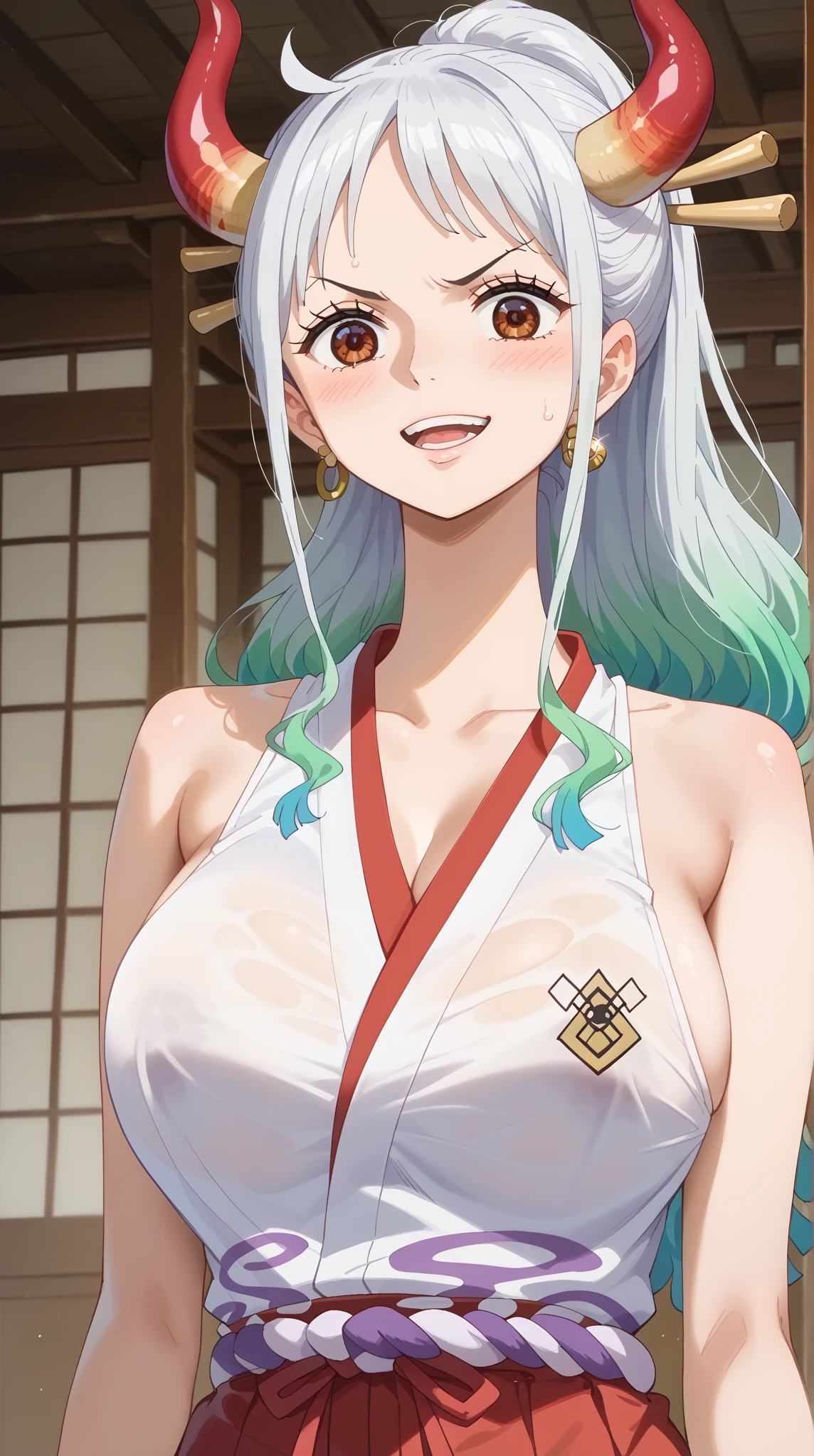 best quality, masterpiece, 4k, absurd res, UHD, ultra-detailed, detailed eyes, detailed skin, detailed hair, detailed face, (face of Evangeline Lilly:Blake Lively), detailed fabric, (1 young beautiful girl, solo:1.1), Yamato (one piece), (multicolored hair, long hair, white hair, aqua hair, two-tone hair, high ponytail, hair stick, hair ornament), (natural big breasts:1.2), (sideboob:1.2), (shimenawa, Japanese clothes with shimenawa, rope, sleeveless kimono, bare arms, kimono, sleeveless, oni, bare shoulders, hakama), (curled horns, red horns, multicolored horns), (happy smile:1.2), earrings, jewelry, (big eyes, brown eyes), collarbone, cowboy shot, v-shaped eyebrows, ((hourglass shape)), sexy pose, ((NSFW))
