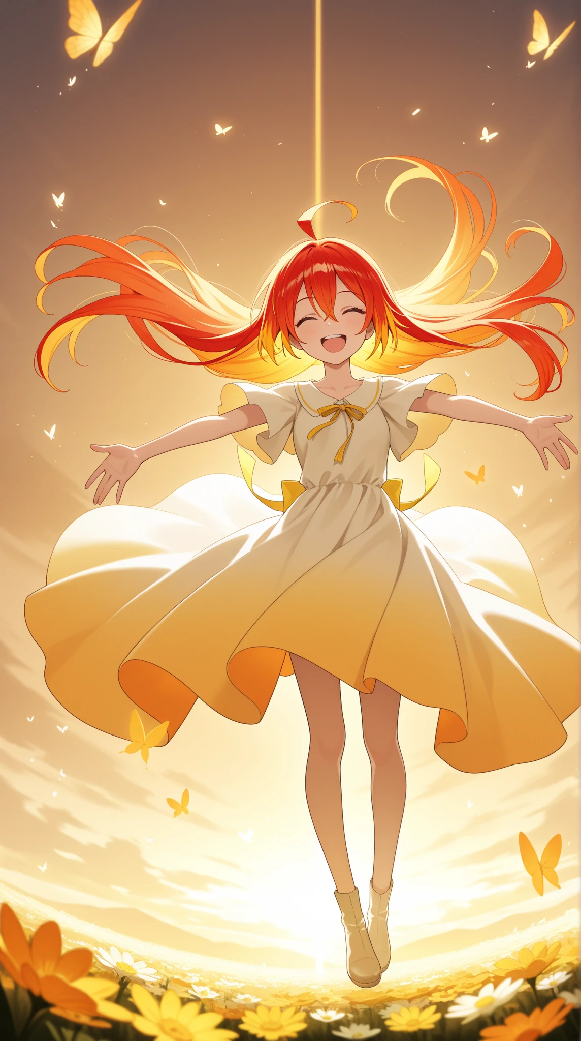 Aesthetic, absurd, cinematic, dynamic, melancholic, 1 girl, redhead, long hair, between her eyes, orange inner color hair, anime ahoge, Happy, smiling, eyes closed, arms outstretched joyfully, as if greeting the morning sun. Her dress flutters gently in the wind. The background is a field of flowers under the golden sunlight, with warm tones and butterflies fluttering around her. Her posture radiates freedom and happiness. A dreamy and magical atmosphere, full body, open shot.