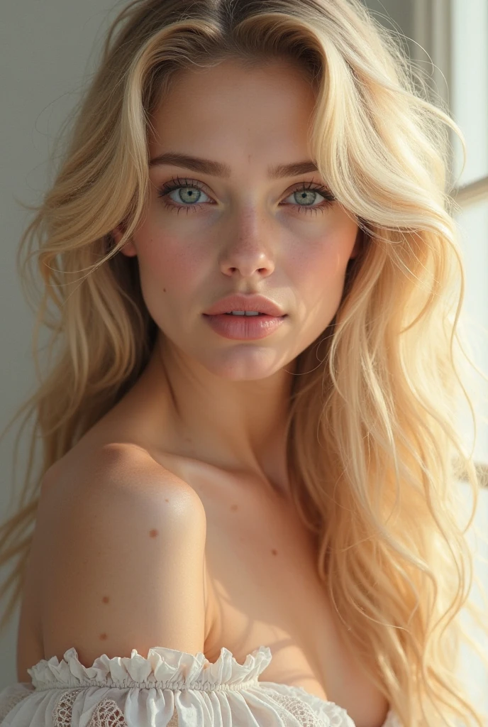 (close-up, editorial photograph of a 19 year blonde woman), blond hairbl, Brown eyes, solo, 19yo, off-shoulder, Top Quality, masterpeace, extra high resolution, (highly detailed face:1.4) (smile:0.7) (background inside dark, moody, private study:1.3) POV, by lee jeffries, nikon d850, film stock photograph ,4 kodak portra 400 ,camera f1.6 lens ,rich colors ,hyper realistic ,lifelike texture, dramatic lighting , cinestill 800,