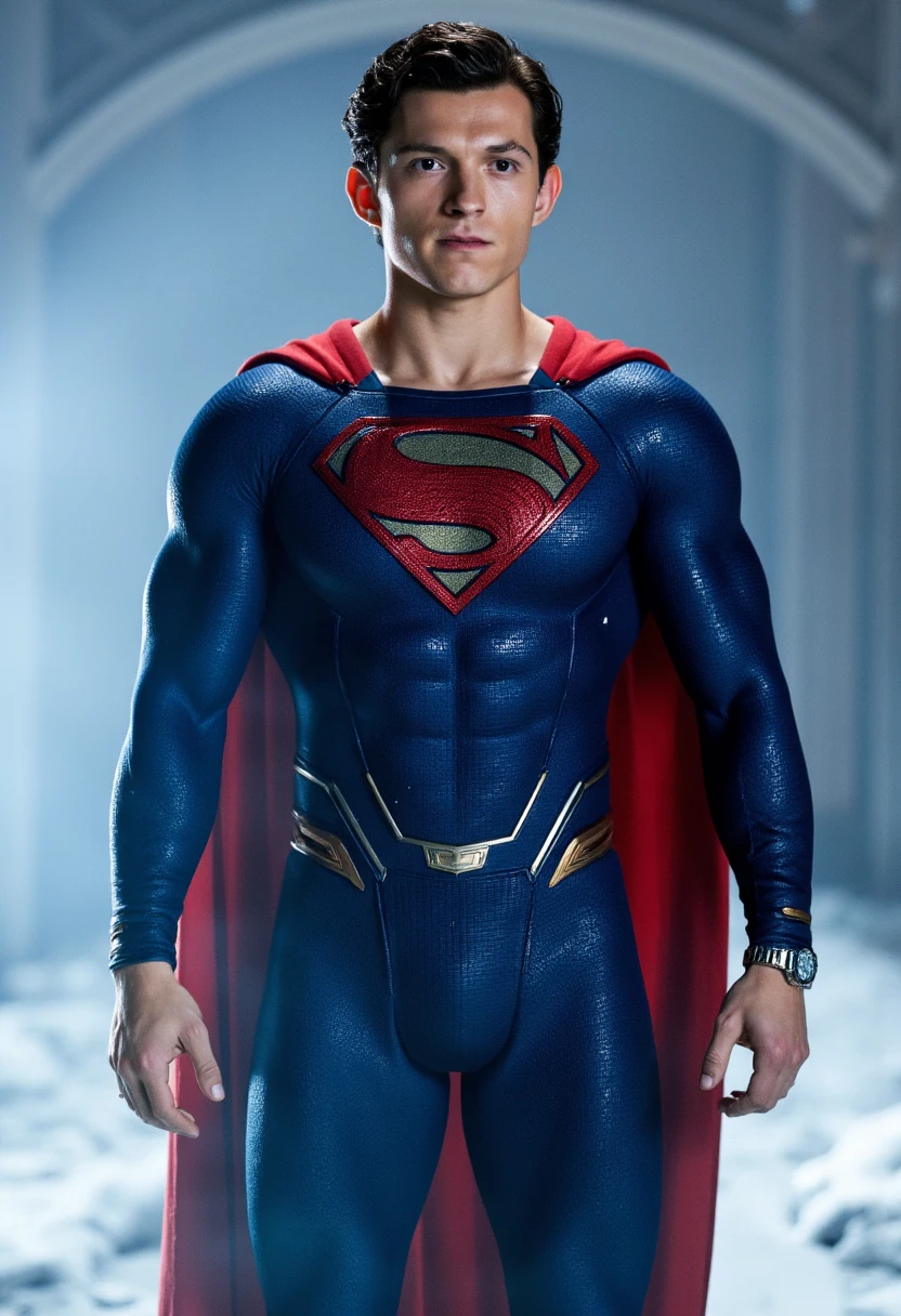 A realistic cinematic portrait of ((one superman)) only, a A realistic cinematic portrait of ((one superman)) only, a blend of Tom Welling + Henry Cavill + David Corenswet as Superman, strong body, heroic pose, almost flying, against solid warm orange color background, front view, symmetry, full-body shot, cinematic shot, 24 fps, DHR, kodak portra utra, colorpop, white ethereal, analog photo.