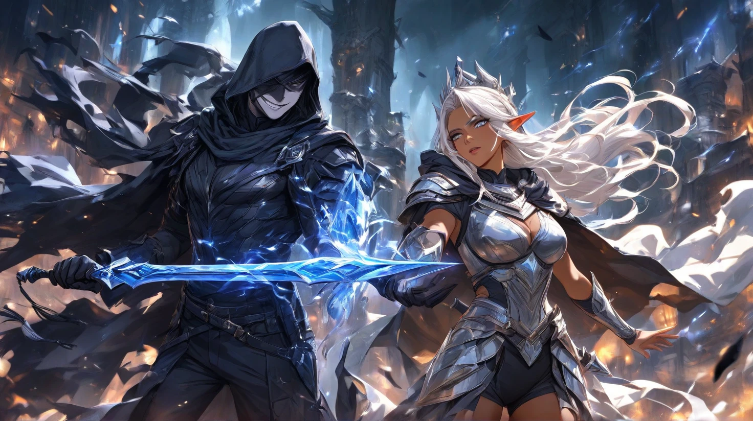 1woman, Beautiful, perfect anotomy, turquoise long hair, black scarlet eye, stature high, perfect face detail, queen wolf, god wolf, walking ice lake, fullmon, luciernagas, multiple sword around, good glowing, blushing, masterpiece, high quality, furry