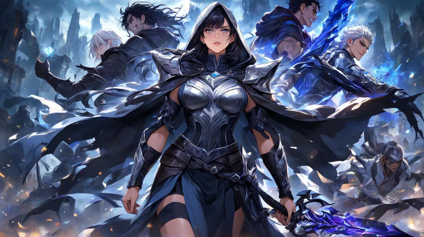 masterpiece, best quality, 1woman, older MILF, female focus, solo, black hair, long hair with fringe, vibrant blue eyes, looking at viewer, cape, High quality metal texture, closed mouth, bangs, high collar,(kbxll:0.6), Fantasy aesthetics, Highly detailed, shadowverse style