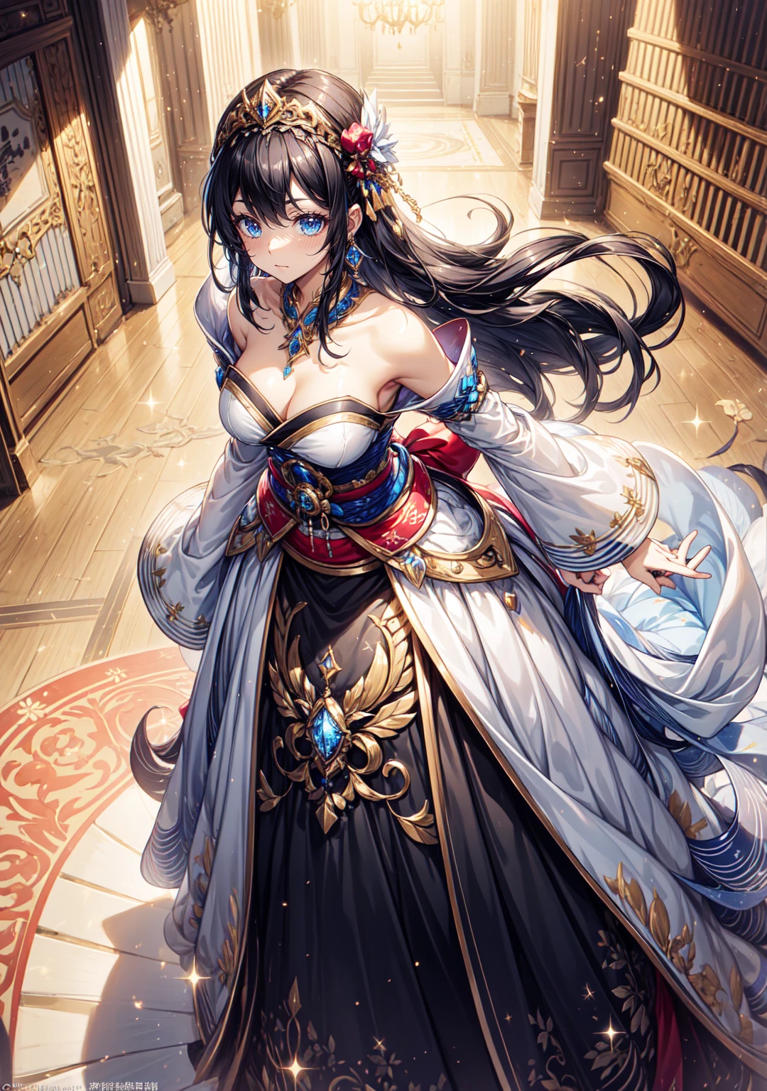 ((anime artstyle)),(Masterpiece),(Best Quality), (Super Detail),((Very Delicate and Beautiful)),(((Solo))),((full body)),((((milf)))),(((1 queen in beautiful embroidery and jeweled bling-bling gorgeous rococo ball gown dress with voluminous full length hoop skirt sitting on the throne))),((bling-bling)),Long train,((sitting on the throne,holding a scepter)),(bling-bling gorgeous gemstone jewelry),detailed face and eyes,jewel-like eyes,seductive smile,((large amount of straight hair,extremely voluminous Very Long Hair,Very Long Straight Hair)),(((gigantic tits,Long tits))),cleavage,(gorgeousfull embroidery and lace),gorgeous corsage,See-through,extremely gorgeousfull hair ornament,(bling-bling extremely gorgeousfull jeweled tiara),ornate ruffles,(hoop skirt,crinoline),((Dynamic Angle)),Looking at viewer,((full body)),((beautiful embroidery and jeweled extremely gorgeous rococo ball gown dress with voluminous full length hoop skirt))