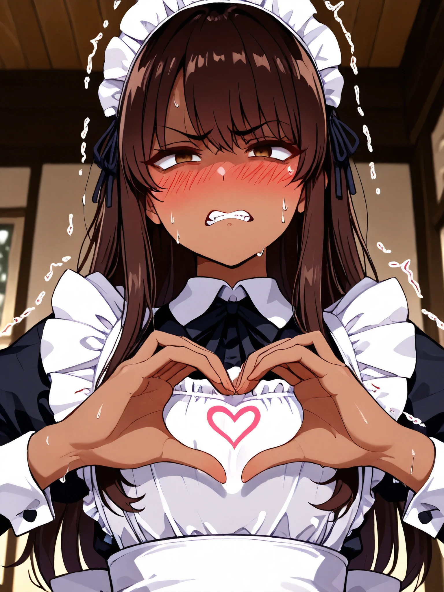 Perfect Anatomy:1.3,1woman, standing, solo, brown hair, long hair, dark skin, sweaty skin, maid, maid cafe, cafe, (((blush,grimace, contemptuous expression, enduring face, expression of disgust, frown))), close-up on chest, heart hands, gritting teeth, teeth,trembling, very small cornea, sanpaku eyes,Look at the viewers,