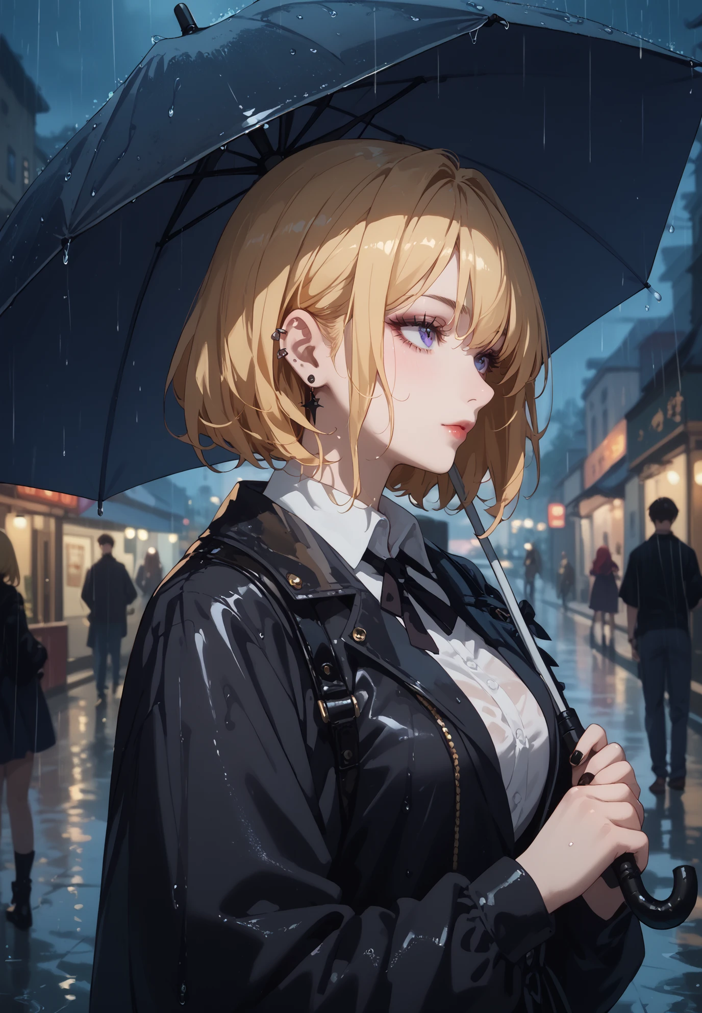 Golden blonde hair goth girl, holding an umbrella, rainy night,
