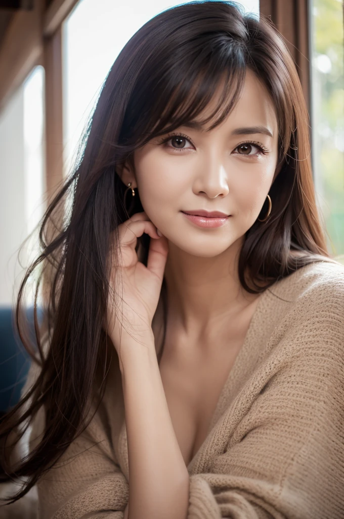 (RAW Photos), (Realistic), (masterpiece), (Highest quality), High resolution, 8k, (Intricate details), (Volumetric Light), Portraiture, woman, Age 35, Medium Hair, Straight hair, Mid-chest, Accentuate your cleavage, Layered Hair, Brown Hair, Very beautiful eyes, Source Sequence, Very thin eyebrows, Very fine skin, Very good taste, Very nice nose, Cute like an idol, smile, (Thick lips), (Looking at the audience), (Elegant knitwear), Above the knee shot,