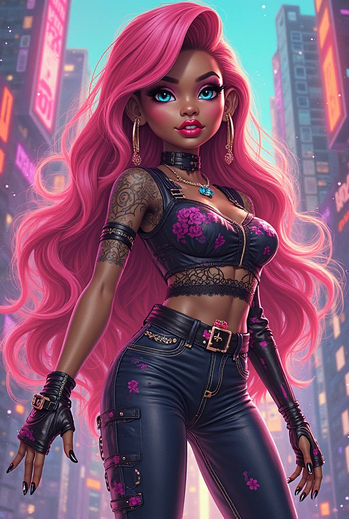 (masterpiece, best quality, 1girl, solo, dark skinned woman, black skin, intricate details, chromatic aberration), realistic,long hair, pink hair, red head ornament, pink highlights, hair over one eye,purple eyes, earrings, sharp eyes, choker, neon shirt, open jacket, crop top, boots, (symmetry eyes),(perfect symmetrical body),against wall, brick wall, graffiti, dim lighting, alley ,look at viewer