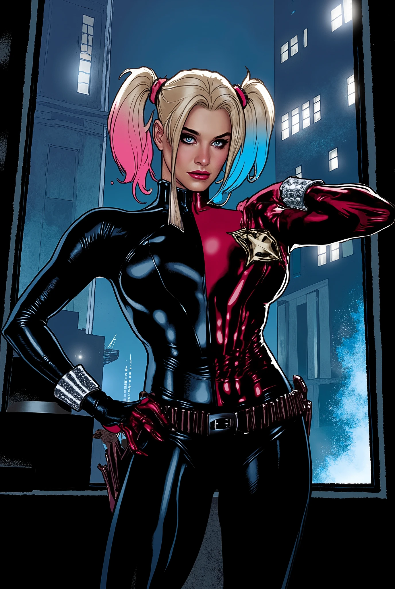<lora:jimLeeDCComicsMarvel_offset:1> , jim lee , margot robbie as harley quinn , ((black and red color outfit))  ,((best quality)), ((masterpiece)), ((realistic)), (detailed)
