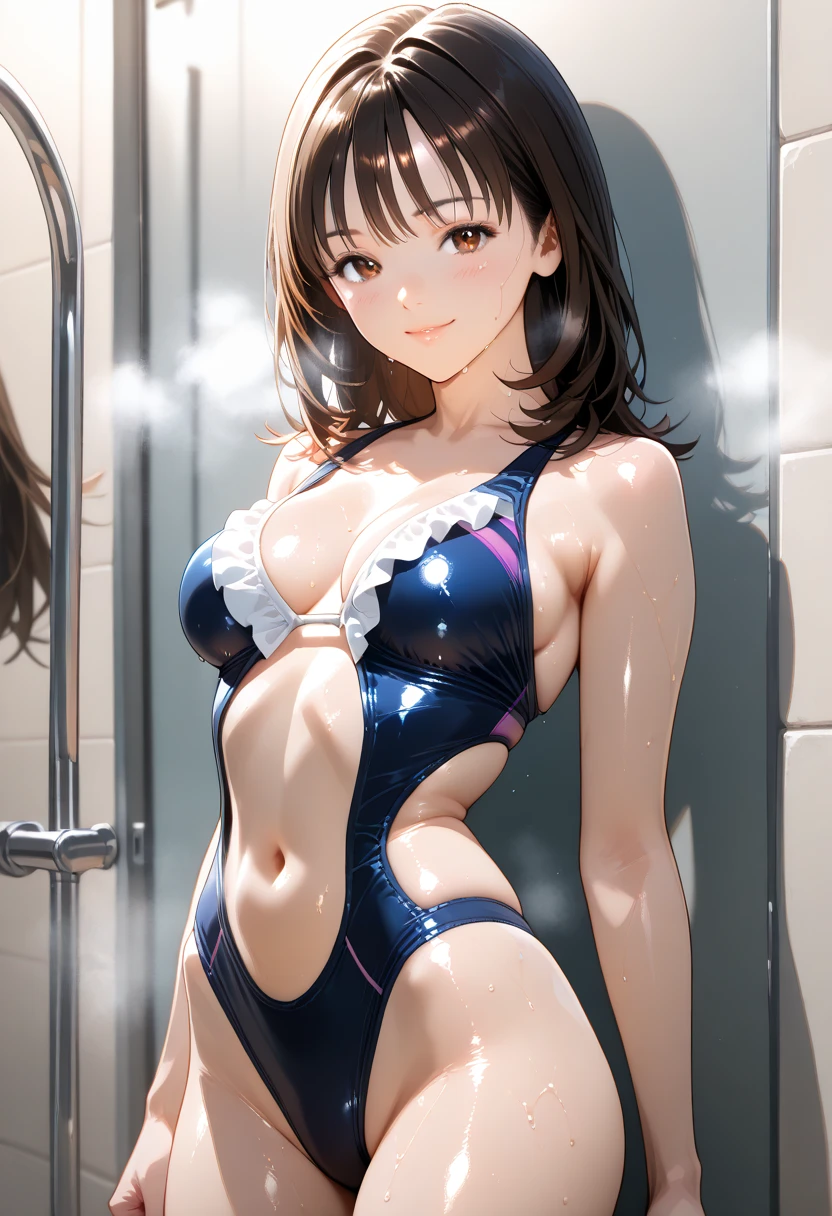(masterpiece,best quality,ultra-detailed,intricate,detailed face,detailed eyes,beautiful eyes,nsfw)、(((1woman,wet:1.5,wet:1.5,wet:1.5,)))、cowboy shot,20歳の美女、dark blue hair,medium bob hair:1.3,tearful,恥ずかしげな表情:1.3,((bikini:1.5,綿生地のブラジャー:1.3,綿生地のパンティー:1.3)),(slender body,medium breasts,gleaming skin,oily skin,shinny skin),standing、from front,(depth of field:1.2),(簡素なシャワールーム、take a shower:1.5),