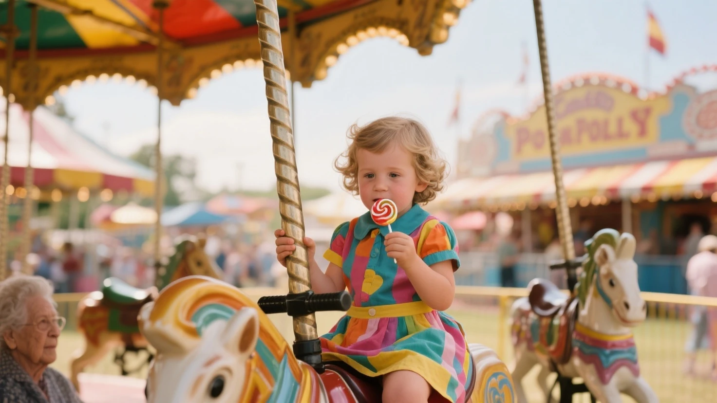Creative poster 3D effect Blue sky and white clouds Picture pink color Playground in the distance Near long-haired girl sitting on a carousel