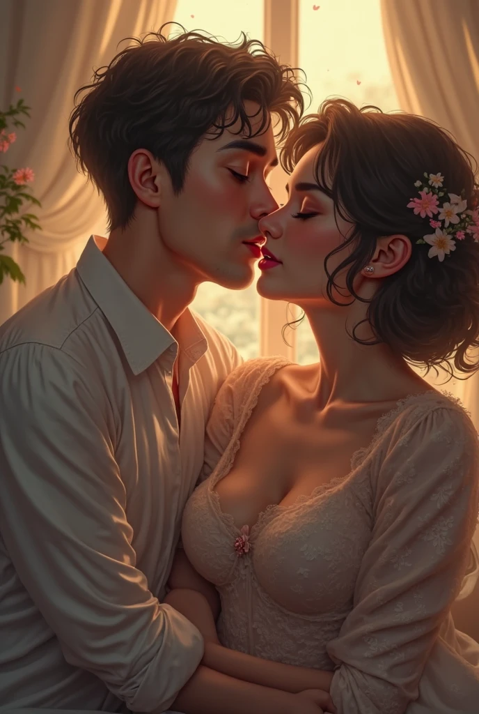 Amazing portrait of a sexy woman kissing and making out with a shirtless boy with her glossy red lips while wearing a sheer white shirt that reveals the red lacy lingerie that she's wearing underneath the shirt in a dimly lit room with one lamp giving off warm lighting