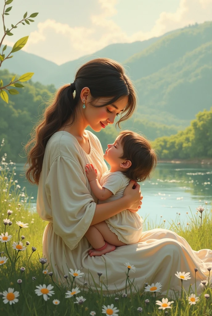 Tender portrayal of a loving mother and child, their bond radiating warmth and intimacy. The mother's gentle, nurturing presence envelops the , as if sheltering them from the world. Her face, a picture of serenity, exudes a deep, unconditional love, while the child's innocent, curious gaze looks up to her with adoration. The mother's arms cradle the , holding them close in a comforting, protective embrace. The atmosphere is soft, warm, and golden, like a sunrise, evoking feelings of hope, joy, and new beginnings. The style blends the delicate, dreamy quality of watercolors with the texture and depth of oil painting, inviting the viewer to step into this intimate, heartwarming moment.