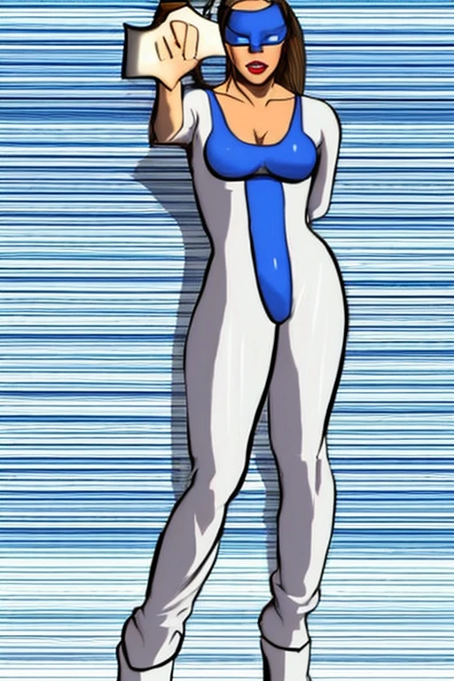  women,brown skin,black long hair, dark brown  eyes, white tight bodysuit,m big breast, standing
