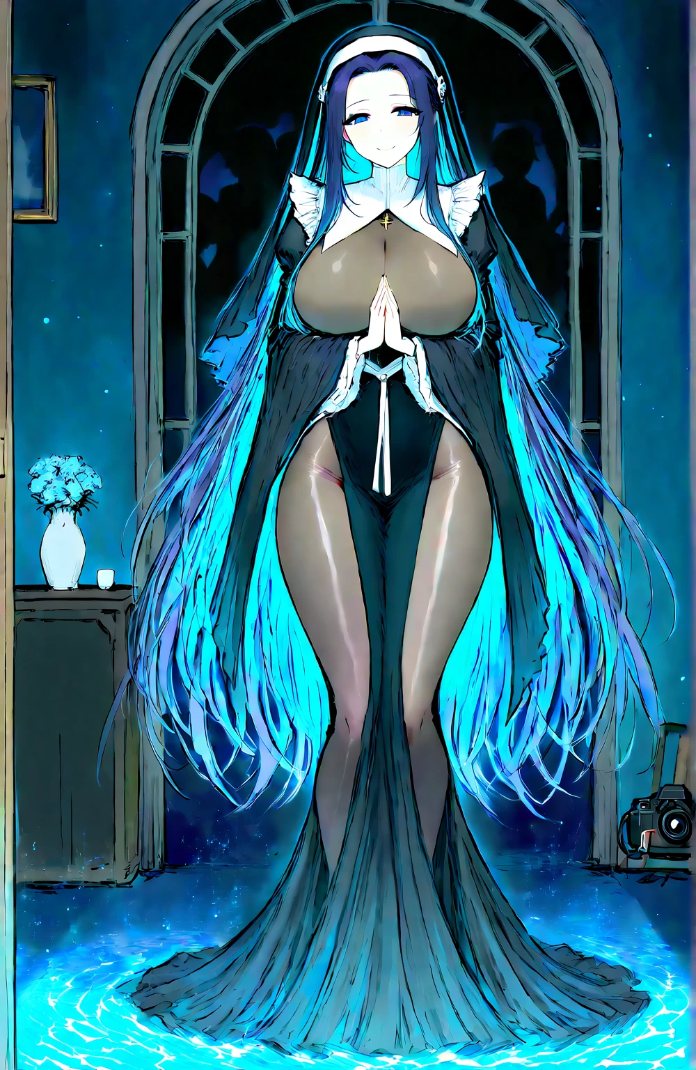(((Masterpiece, Best quality, photograph realistic))), hyper HD, 8K wallpaper, high resolution, Perfect anatomy, Cinematic lighting, Award-winning, Extremely detailed skin, extra detailed face, Eyes with beautiful details, ((1girl, very long straight black hair, yellow eyes, huge breasts, sensual, provocative, sexy, voluptuous, naked model wazira spreading pussy for painting artist, black stockings, foot, sole, pussy, pubic hair, nipples, breast, from below)),