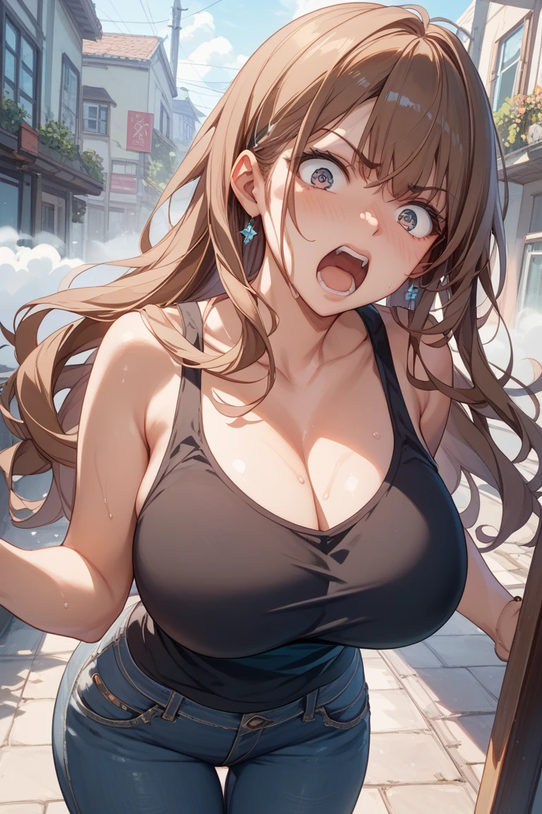 Riofutaba, Rio Futaba, Long Hair, Brown Hair, (Brown eyes:1.5), Glasses,Big Breasts,smile,Open your mouth,Red Tank Top,Heart Necklace,skinny pants,Stiletto heels,Business Back,Walking,morning,morning陽,The sun is rising,whole bodyがイラストに入るように,
break outdoors, Building district,
break looking at viewer, whole body,
break (masterpiece:1.2), Highest quality, High resolution, unity 8k wallpaper, (figure:0.8), (Beautiful attention to detail:1.6), Highly detailed face, Perfect lighting, Highly detailed CG, (Perfect hands, Perfect Anatomy),