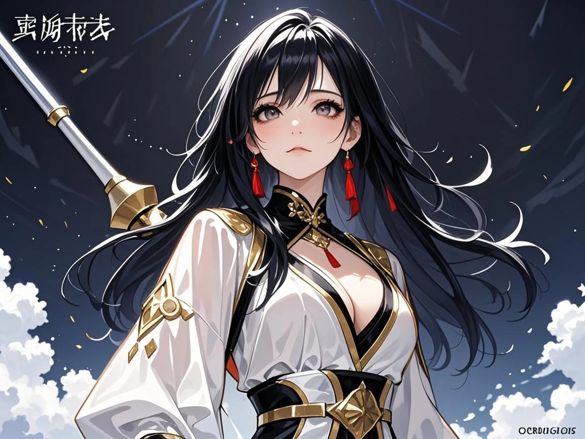 (masterpiece), best quality, seductive eyes, mature woman, black eyes, small eyes, long black hair, long eyelashes, white suit, sword attached on hip, big breast, anime cover, 1girl, tall,
