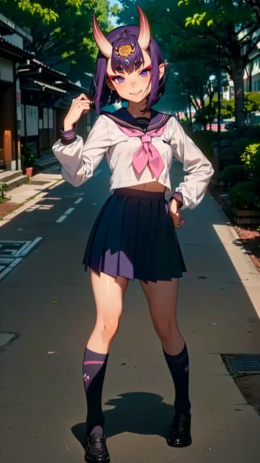 (sfw), masterpiece, best quality, sharp focus, 8k, 1girl, cute detailed young face, (expressive eyes), (perfect anatomy), detailed hands, detailed fingers, delicate textured skin, (tall elegant body:1.1), (small perky breasts), ((gradient purple to pink colored hair)), (asymmetric bob cut), ahoge, (walking along deserted akihabara street at night), smiling, ((loose clothing)), ((loose pleated skirt + white and navy blue panties)), ((knee socks + tall boots)), ((loose short jacket + long shirt + sports bra))
