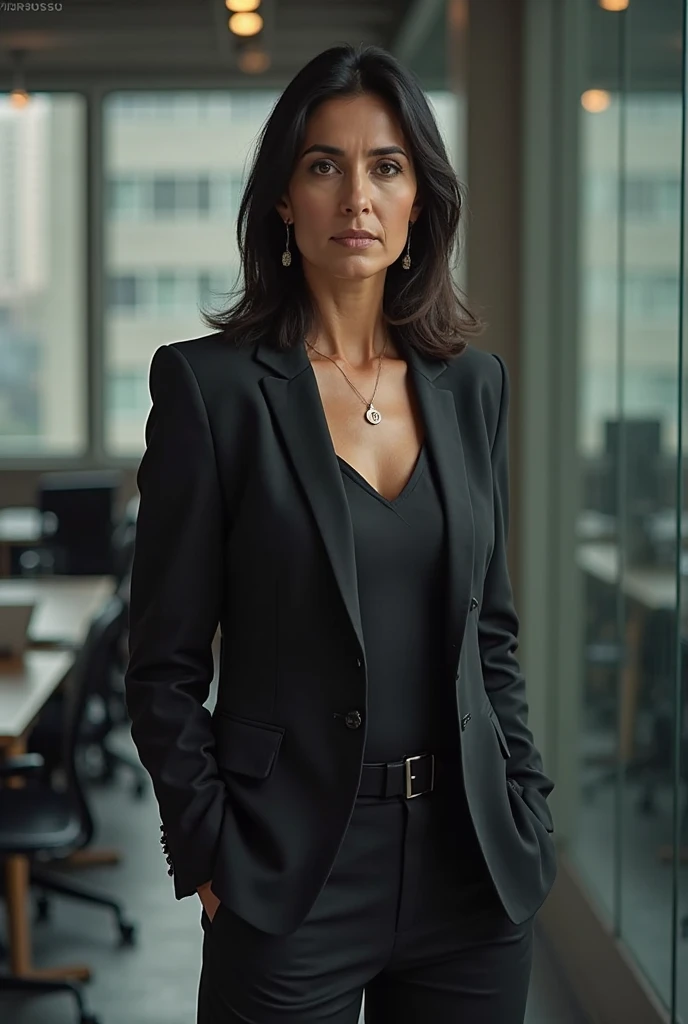 A poised and accomplished 40yo woman who exudes professionalism and expertise. center. Present her in a tastefully styled business attire that accentuates her clean and organized appearance. Place her at the center of the image, maintaining a strong focus on her confident and capable expression. Employ even and flattering lighting to highlight her facial features while maintaining a balanced tone. For the setting, opt for a sleek and modern office backdrop that subtly echoes her field of expertise. Emphasize her approachable and authoritative presence without overly emphasizing physical attributes, creating a portrait that captures her competence and confidence. center