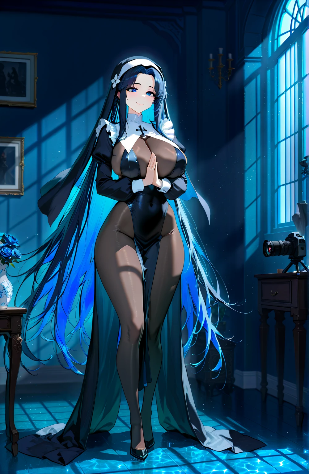 (masterpiece, best quality:1.2), <lora:agk_charpack-10:1.0>, solo, 1girl, ((esdeath)), smile, looking back, long blue hair, white peaked cap, blue eyes, (white military uniform), long sleeves, white thighhighs, choker, large or medium breasts,(slim), illustration of a anime girl imagination, art brut, polychromatic neon, phantasmagoria, vray, polychromatic noir, hyperrealistic photo by Seebas Apterus and Larry Bell art, blending, smooth, serious, detailed expressions, artstyle, detailed eyes, HDR, UHD, 64k, RTX, sharp, sharp focus, highly detailed, intricate detail, professional, artistic flow, ultra detailed, high resolution photography, (bright colors)