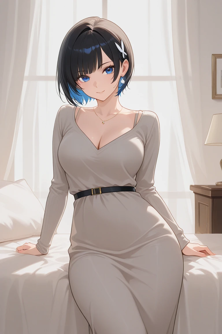 Realistic, Top quality,Large breasts,cleavage,Off-the-shoulder attire,Briefs, 8K UHD, Digital SLR, Soft lighting, High quality, filmgrain, Fujifilm XT3, Intricate details, Depth of field, 20 year old girl, (Cinematic lighting), (Black hair, Short hair), Flash, ((Short hair)), Nice hairstyle, Very short, Nice style, luxury room, Luxurious interior,