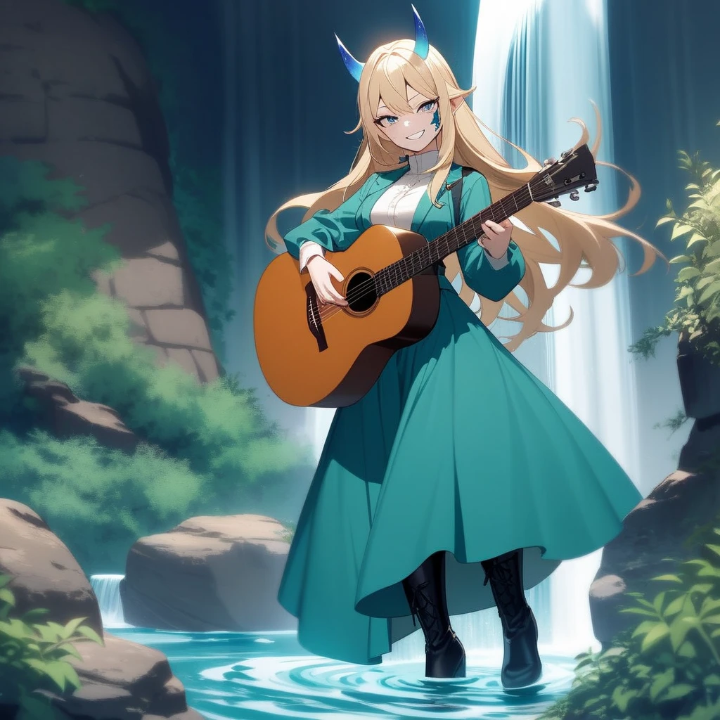 //quality
masterpiece, of the highest quality, high definition,
//subject
1 elf girl, full body,
//composition
wide-angle,
//situation
cute elf playing acoustic guitar, break beautiful, smile, white skin, blonde bob hair,
BREAK
blue eyes, capture the light in the eyes, long eyelashes, break medium-breasted, cleavage, skimpy clothes in earth tones, slender limbs,
BREAK
//style
alphonse mucha style, fantastic painting,
//environment
a forest planet blessed with water, clear skies, sunlight filtering between the leaves, and the shore of the fountain.
BREAK
for animals such as rabbits, raccoon, foxes, and the squirrels gather here.
BREAK
//effect
cinematic lighting, fill light is the light reflected from the reflector, background blur.