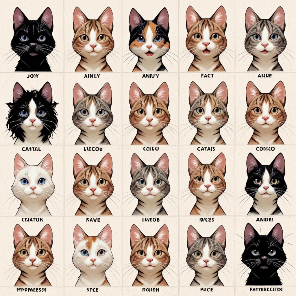 ((masterpiece, highest quality, completion rate: 1.4), 4K, (grid display), collage art, Andy Warhol, uneven frame layout, anime style, face focus, cat character, whole body, anthropomorphic, small, brown tabby, white cat, calico cat, black cat, various expressions, joy, anger, sadness, happiness, chibi, cute, emotion picture book