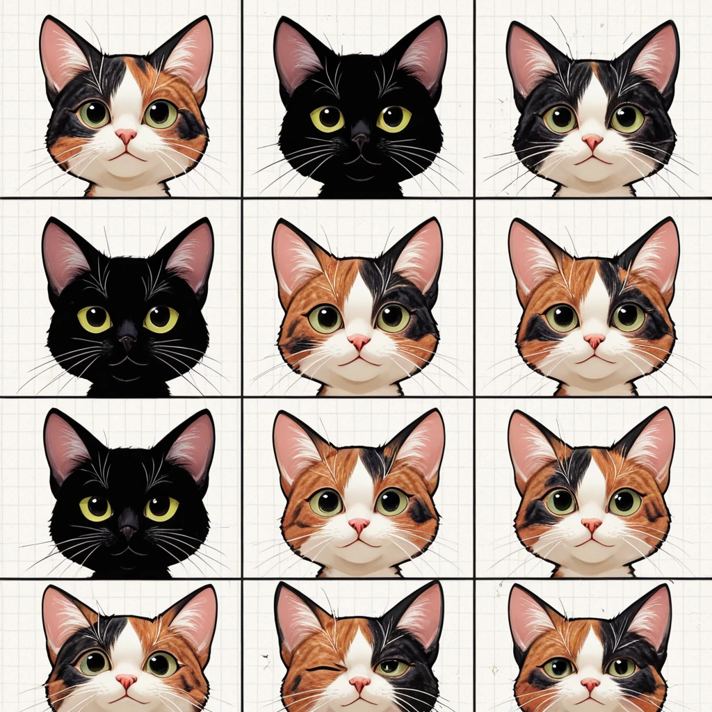 ((masterpiece, highest quality, completion rate: 1.4), 4K, (grid display), collage art, Andy Warhol, uneven frame layout, anime style, face focus, cat character, whole body, anthropomorphic, small, brown tabby, white cat, calico cat, black cat, various expressions, joy, anger, sadness, happiness, chibi, cute, emotion picture book