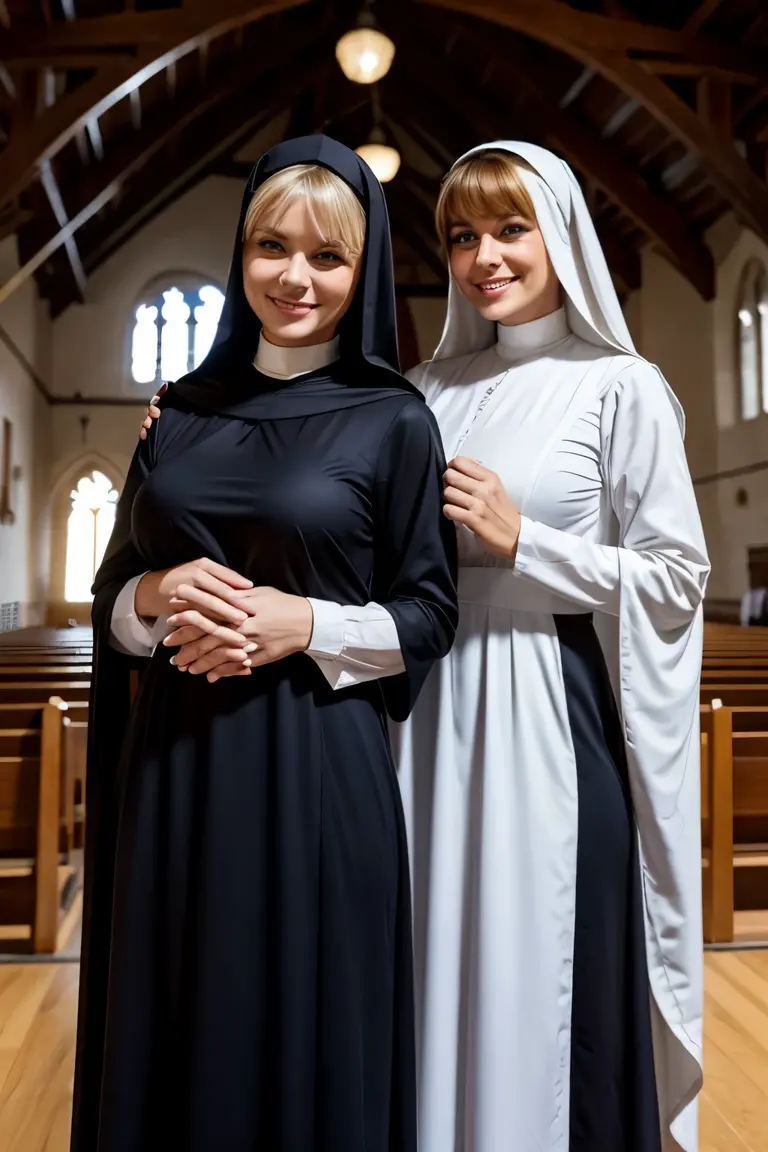 Two mature beautiful italian women、Blonde Hair、With bangs、Smiling with teeth showing、Huge saggy breasts、Plump body、Monastic uniform、Nuns、They are hugging each other、In the church
