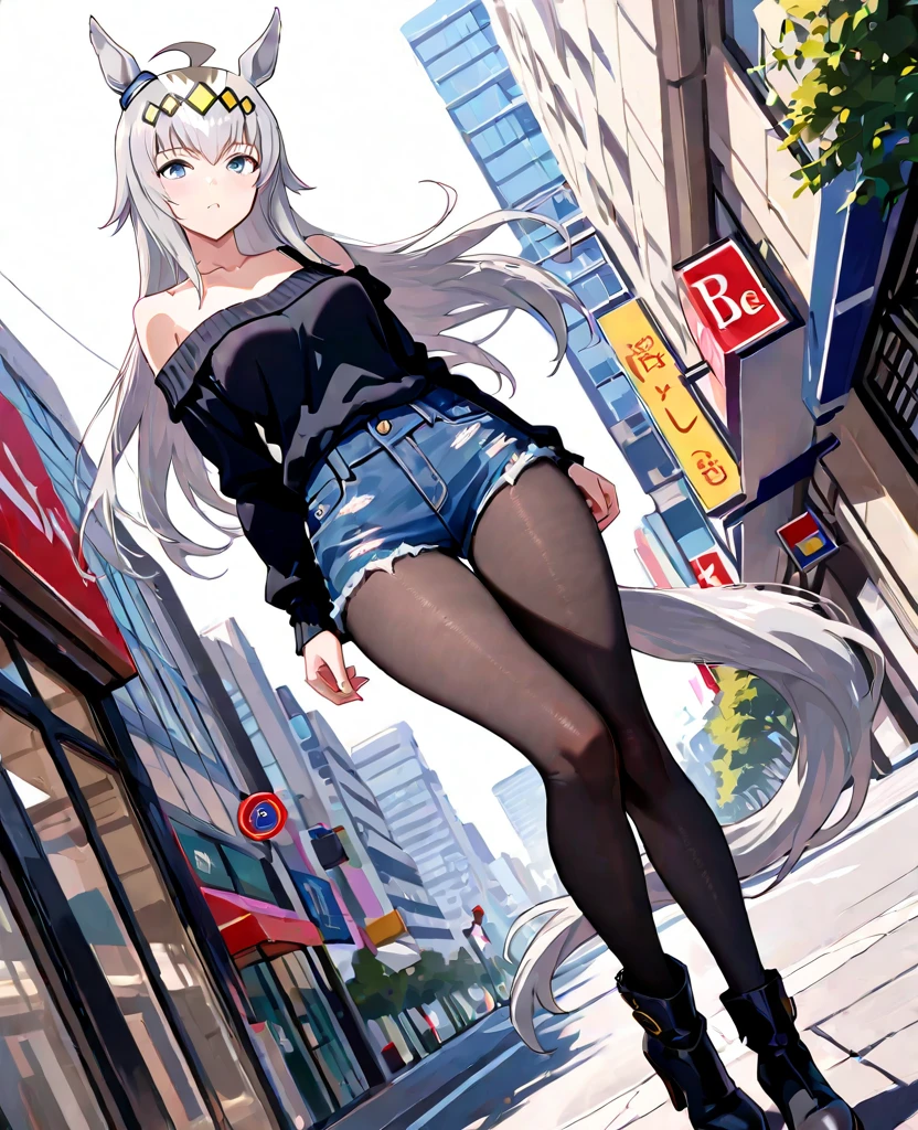 Giantess, fair, a 30-year-old girl, long hair, red eyes, bare legs, she is tall, she is very mature, white hair, she wears a black fitness bathing suit, her briefs are black, no shoes, sitting on the house, sticking out one foot, taller than the house, very strong, muscular, 300 meters tall, city, strong legs, big ass, bare legs, high quality, legs, soles of feet