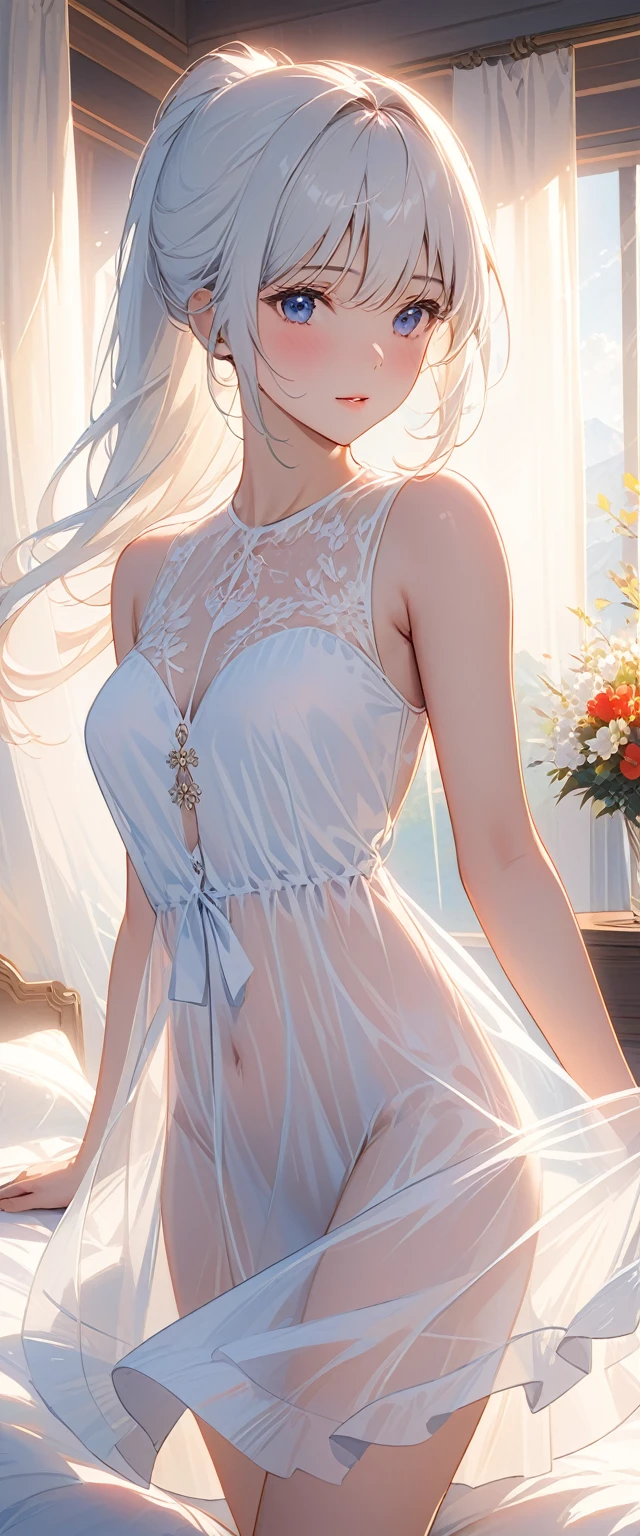 masterpiece, top quality, Super details, 8K, Detail lights, Detailed shadows, raw, (delicate skin), (real: 1.2),, 1 girl, white hair, White sexy transparent dress,bar,Eye close-up