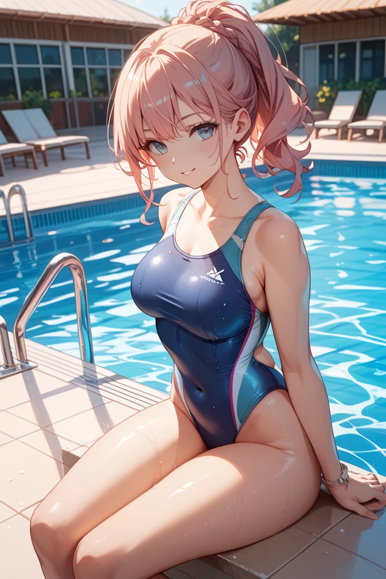 (masterpiece, best quality:1.2), (((anime style))), 2d, solo, 1girl, aamika, ponytail, hair bow, (delicate eyes and face), bashful, medium breasts, looking at viewer, (full-face blush), embarrassed, BREAK, cowboy shot and knee, Slender beauty, white competition swimsuit, nice hands, perfect hands, Recurve the body, wriggling the body, Wet texture, reinopool, pool, indoors,
