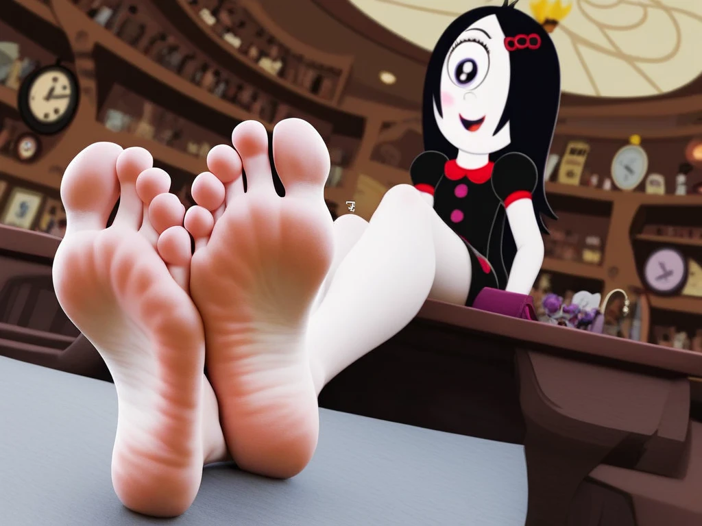 score_9, iris, one-eyed black hair, dress. feet, feet fetish, foot focus, 5 toes, toes, tease,